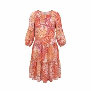 Floral Tiered Babydoll Dress Women's Pink Orange Smocked Long Sleeve